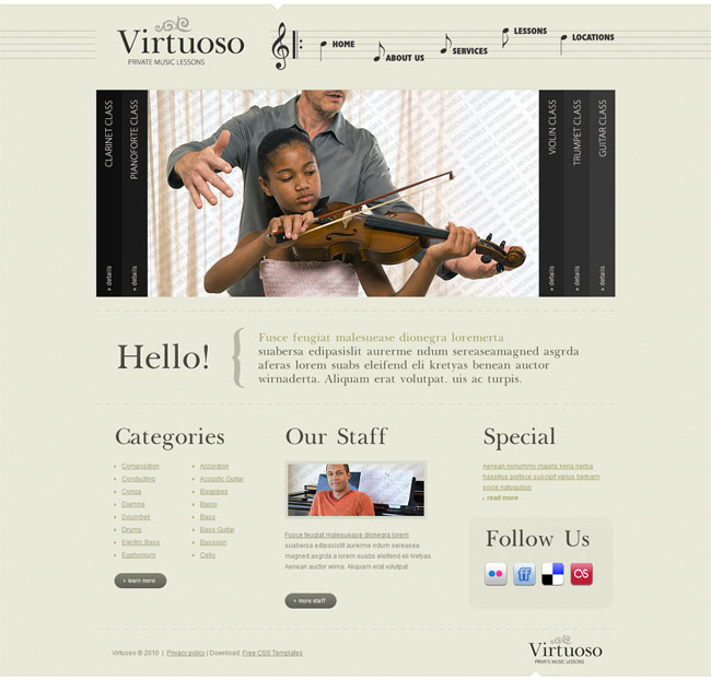 Free music classes website template